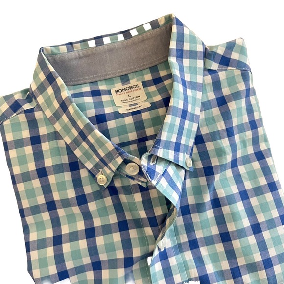 BONOBOS Men’s Blue Windowpane‎ Check Large Dress Shirt - Picture 1 of 9